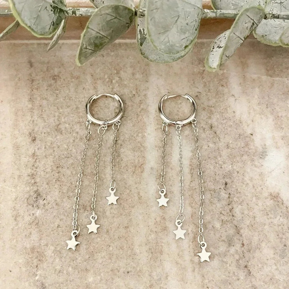 925 Sterling Silver Star Huggie Earrings Dangle Star Drop Earrings Hoop Huggies - Picture 1 of 6